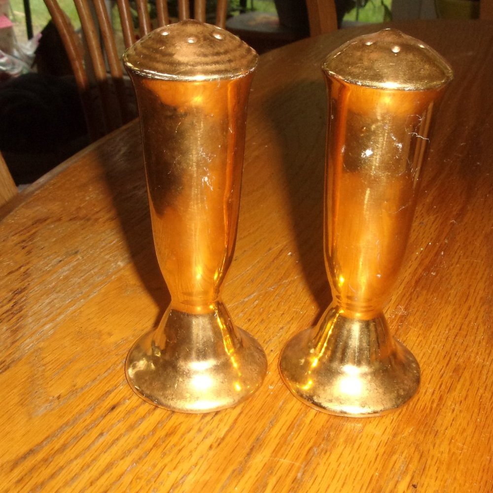 Salt pepper shakers set tall gold Kass USA